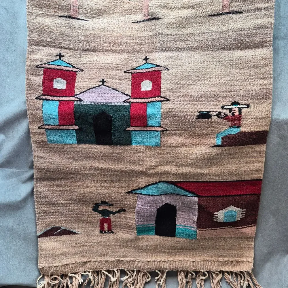 Vintage Mexican Southwest Village Church Scene Wool Tapestry/Wall Hanging Woven